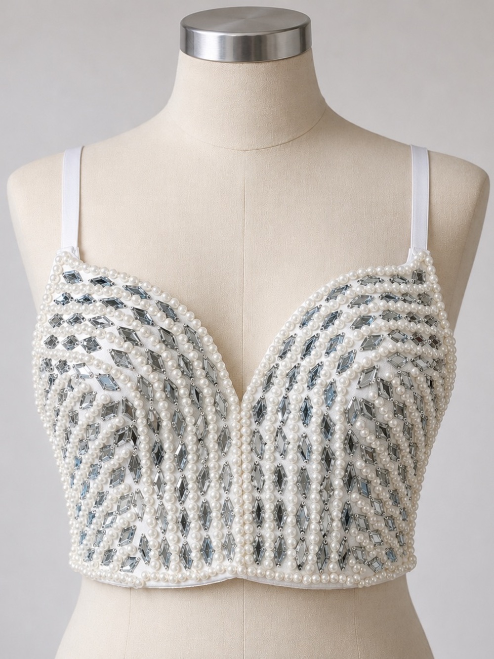 Pearl-Embellished White Beaded Bralette